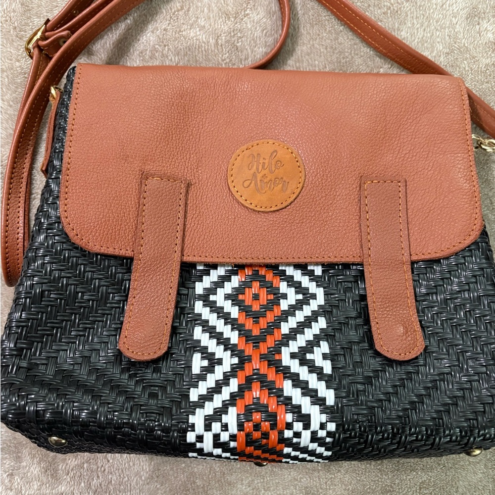 Brown and Black Woven Crossbody Bag